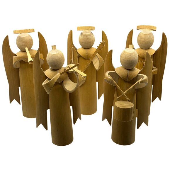 VTG Bamboo Handmade 5 Angels Playing Instruments Guitar Pipes Flute Violin Drum - Picture 2 of 16